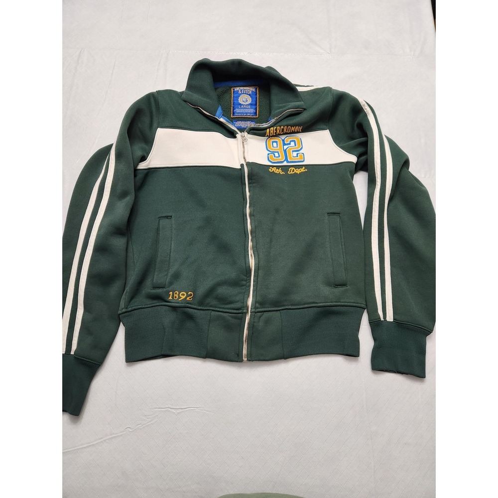 Abercrombie & Fitch Jacket Mens Large Green White 92 Ath Dept Full Zip Logo Y2K